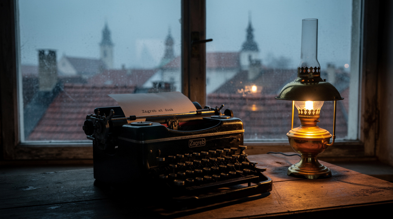 Writer's desk with typewriter and oil lamp facing a foggy window over old Zagreb rooftops at dusk