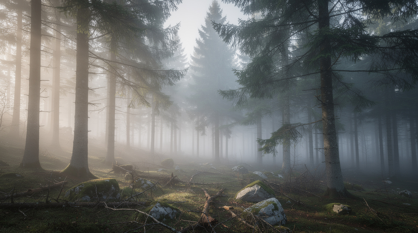 Misty pine forest in the Gorski Kotar mountains of Croatia at dawn